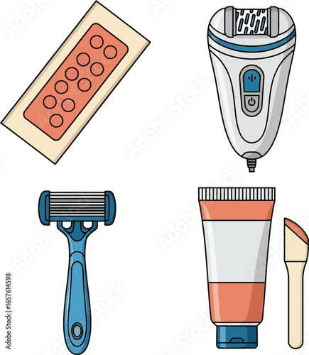 Illustration showcasing various hair removal methods, including waxing and shaving tools.