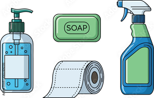 Illustration of hygiene products: hand sanitizer, bar of soap, toilet paper roll, and spray bottle.