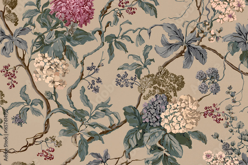 Floral wallpaper pattern featuring colorful blooms on neutral background  