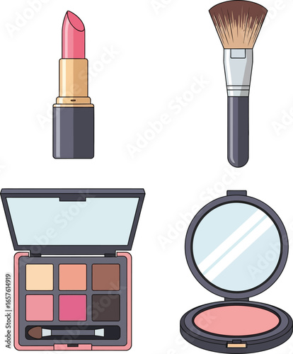 Illustration of makeup items including lipstick, brush, eyeshadow palette, and compact mirror.