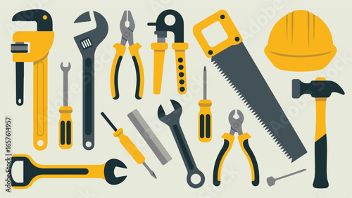 Assortment of Yellow and Gray Hand Tools and Safety Helmet on Light Background wrench adjustable wrench