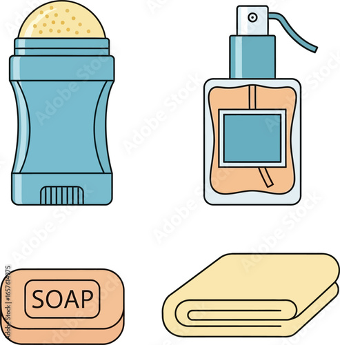 Illustration of personal hygiene items including deodorant, perfume, soap, and a folded towel on a white background.