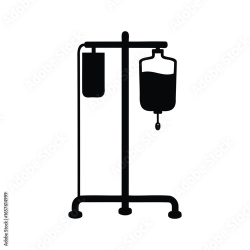 Monochrome illustration of IV drip stand with filled intravenous fluid bag, Medical blood bag silhouette vector illustration