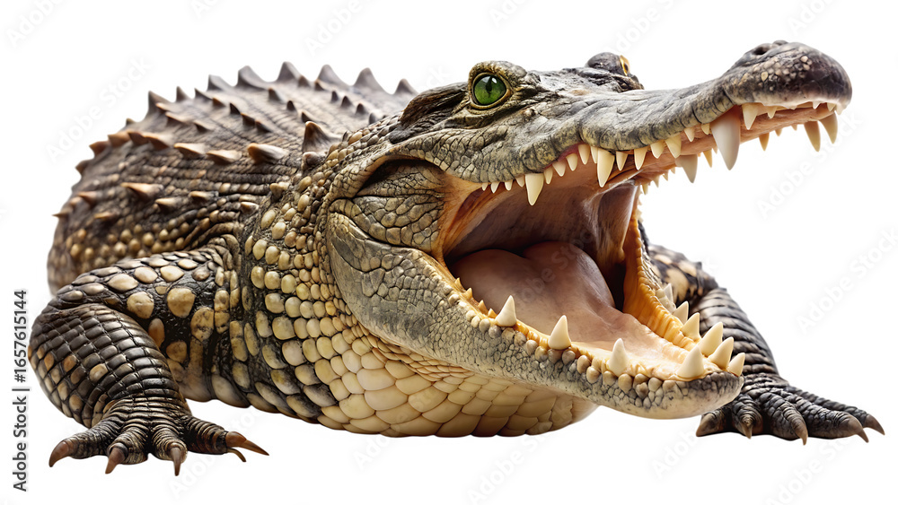 Fototapeta premium A fierce alligator with its mouth wide open, showing sharp teeth, isolated on transparent background