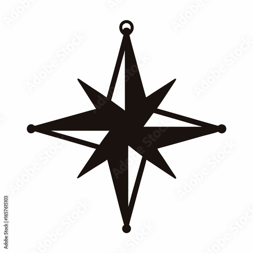Decorative compass star silhouette- Black silhouette of an eight-pointed decorative compass star with circle tips, symbolizing navigation, exploration, guidance, direction, and ornamental design
