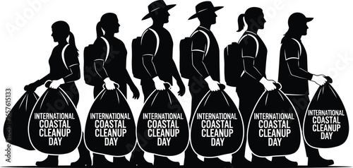 A silhouette of people cleaning the beach international coastal cleanup day promoting environmental awareness and conservation