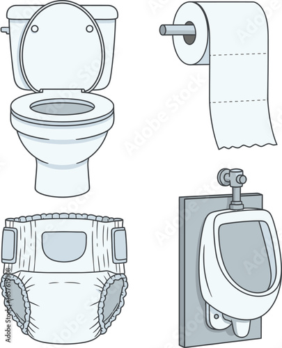 Cartoon illustration of a toilet, toilet paper, diaper, and urinal.
