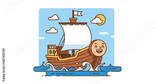 Cartoon Viking Ship with a Smiling Sun Character for Children's Books, Educational Materials, and Fun Nautical Themed Content Illustration