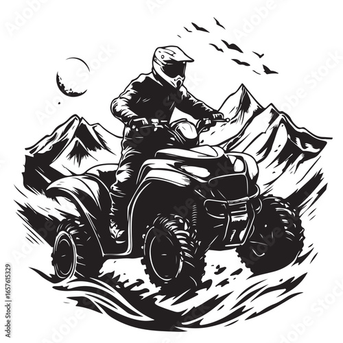 ATV Rider Crossing Rocky Mountain Terrain Vector Illustration on white background