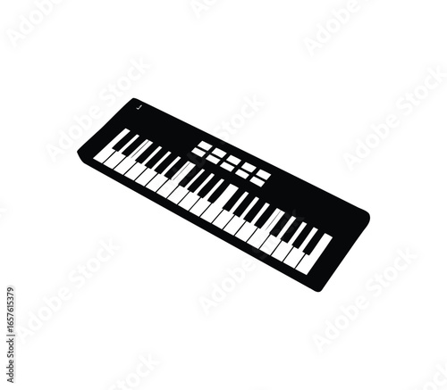 Monochrome keyboard synthesizer instrument with keys and control panel isolated silhouette vector illustration