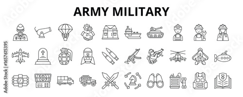 30 Army Military Line Icons Vector - Veteran, Barrack, Warship, Tanker, Nuclear Bomb, Ammo, Tactic, Sniper