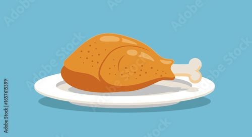 Close-Up of Juicy Golden-Brown Roast Chicken Leg with Crispy Skin and Dripping Juices on a White Plate, Ideal for Food Photography, Culinary Advertising, Menu Design, and Gourmet Cuisine Promotions