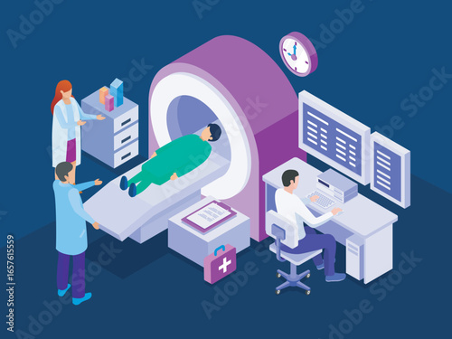Cancer Treatment Isometric Illustration, Cancer Treatment Isometric Illustration – MRI Scan, Oncology Diagnosis, and Medical Technology