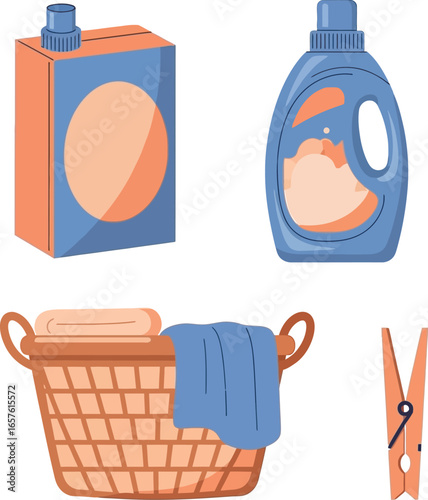 Colorful illustration of laundry detergent, powder, bottle, basket, and clothespins.