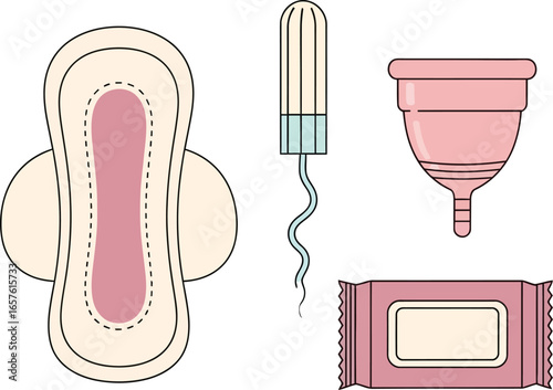 Menstrual hygiene products: sanitary pad, tampon, menstrual cup, and panty liners.