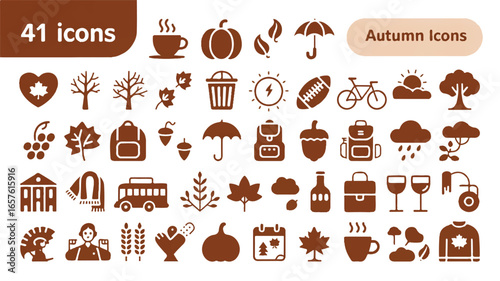 A collection of 41 brown-colored autumn-themed icons arranged in a grid layout on a white background.  