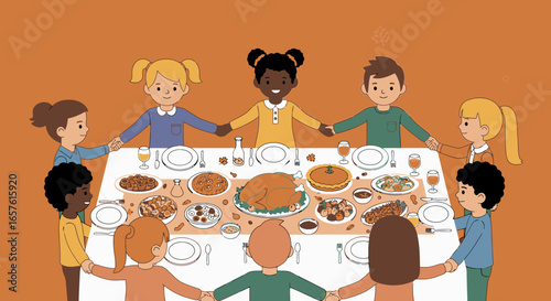 Diverse Group of Children Celebrating Thanksgiving Dinner with Roast Turkey and Traditional Festive Foods at a Family Gathering, Emphasizing Multicultural Unity, Kids’ Friendship, and Joyful Holiday