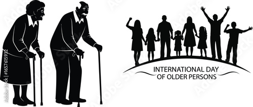 Silhouette illustration of elders and family celebrating international day of older persons, promoting intergenerational connection
