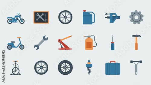 Collection of Automotive and Mechanical Tools and Parts Flat Icons motorcycle scooter