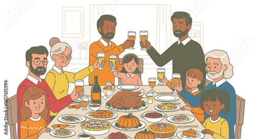Family Celebration Dinner Thanksgiving or Holiday Feast with Multiple Generations Toasting Wine at Festive Table in Cozy Home Setting Perfect for Holiday Gatherings and Special Occasions