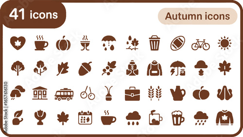 A collection of 41 brown-colored autumn-themed icons arranged in a grid layout on a white background.  
