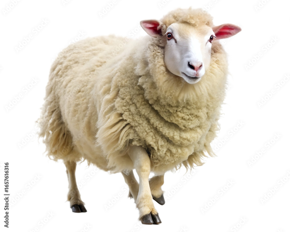 Fototapeta premium Sheep with woolly fleece, isolated on transparent background