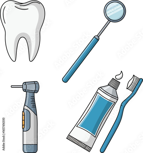 Dental care tools and healthy tooth illustration.