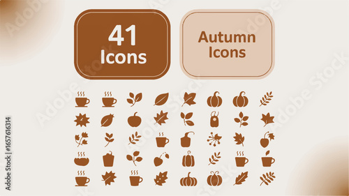 A collection of 41 brown-colored autumn-themed icons arranged in a grid layout on a white background.  