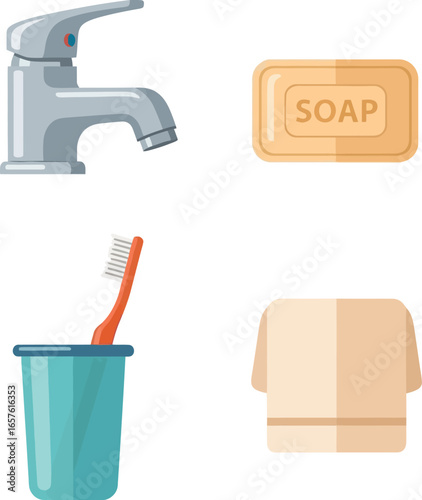 Bathroom essentials: faucet, soap, toothbrush, and towel.