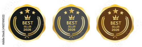 Best seller sticker label with ribbon, gold badge and gold ribbon with Stars and laurel wreath Decoration vector isolated Premium Quality text product, for book cover label or your product the