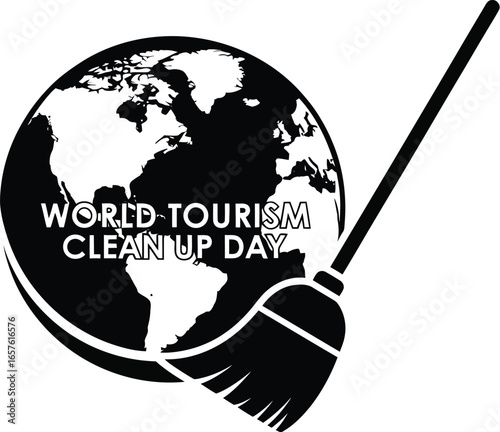 World tourism cleanup day illustration featuring a globe and broom, emphasizing environmental responsibility
