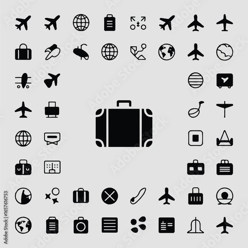 A collection of 80 black and white travel and vacation icons arranged in a 10x8 grid on a white background.