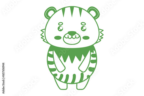 A cute cartoon tiger cub appears to be happily smiling with a green outline