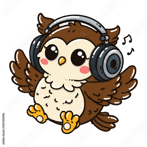 A cute doodle style owl vector in headphones, flat color cartoon isolated on a white background. lovely illustration for music-themed.
