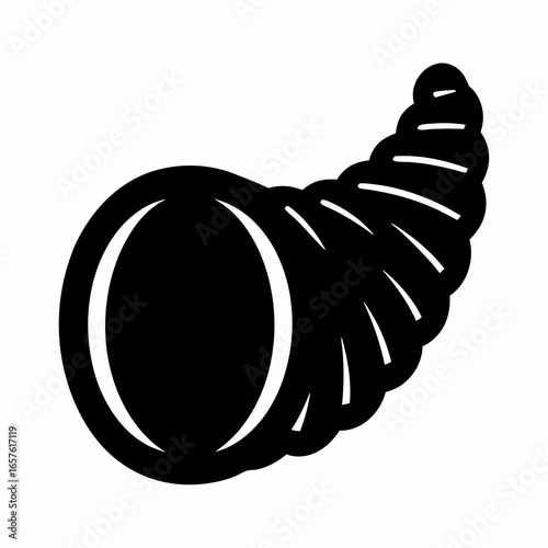 Cornucopia horn of plenty black silhouette- Black silhouette of a cornucopia horn, representing harvest, abundance, prosperity, Thanksgiving traditions, and agricultural seasonal celebrations