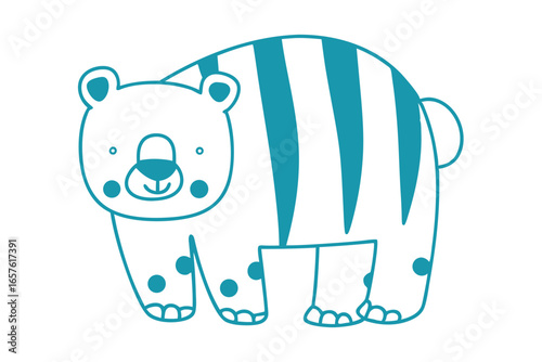 Cartoon line drawing shows a charming blue and white striped bear character standing cheerfully