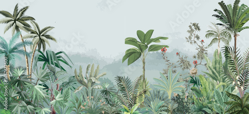 Tropical Garden Wallpaper Illustration, Traditional Mughal Garden, Indian Wallpaper, Watercolor Background.