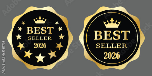 Best seller sticker label with ribbon, gold badge and gold ribbon with Stars and laurel wreath Decoration vector isolated Premium Quality text product, for book cover label or your product the