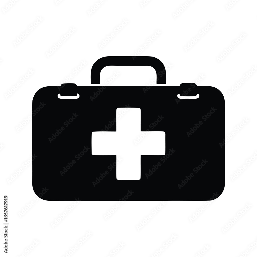 Black and white first aid kit icon with a prominent white cross, First kit box silhouette vector illustration Black and white first aid kit icon with a prominent white cross, First kit box silhouette vector illustration