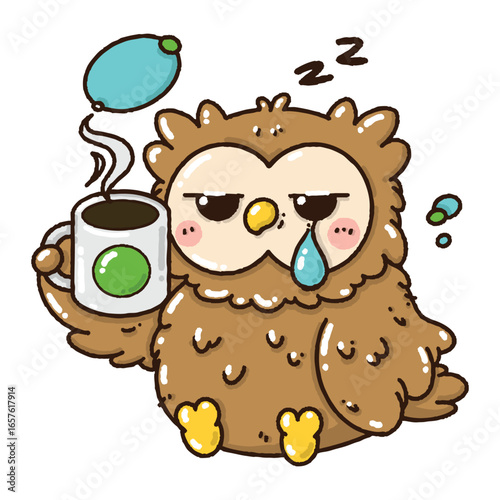 A cute doodle style sleepy owl holding a coffee mug, flat color cartoon isolated on a white background. Lovely illustration for cozy design, clipart, artwork.
