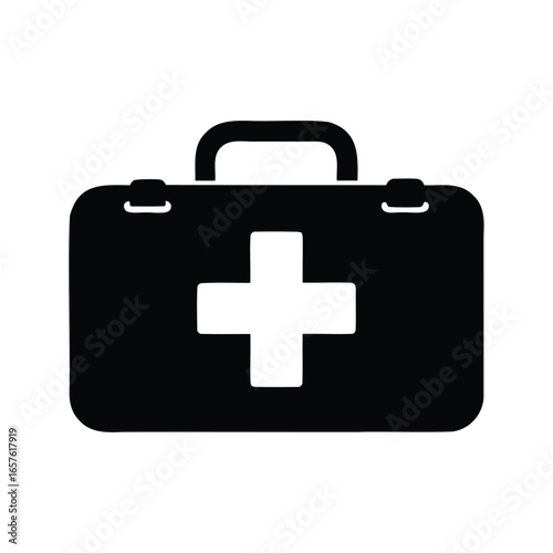 Black and white first aid kit icon with a prominent white cross, First kit box silhouette vector illustration