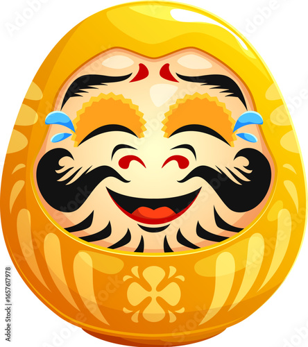 Daruma Japanese doll of Japan culture and talisman with laughing face, cartoon vector. Golden or yellow Daruma doll symbol of honour, fame or fortune, beauty, success or wealth in Japanese art