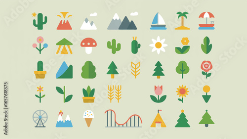 A flat design illustration of 30 nature and landscape icons arranged in a 5x6 grid on a light beige background.  