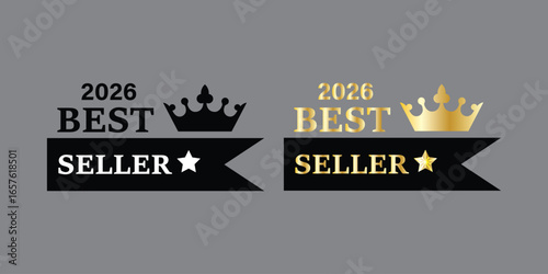 Best seller sticker label with ribbon, gold badge and gold ribbon with Stars and laurel wreath Decoration vector isolated Premium Quality text product, for book cover label or your product the