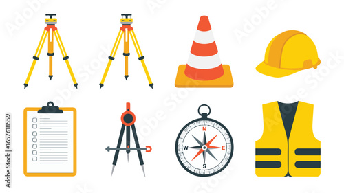 Construction and Surveying Equipment Icons on a Light Gray Background surveyor tripod