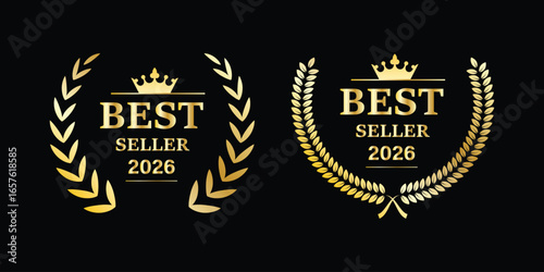 Best seller sticker label with ribbon, gold badge and gold ribbon with Stars and laurel wreath Decoration vector isolated Premium Quality text product, for book cover label or your product the