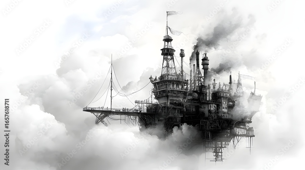 Fototapeta premium Futuristic Oil Rig on Clouds in a Surreal Landscape with Industrial Elements
