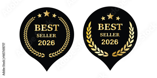 Best seller sticker label with ribbon, gold badge and gold ribbon with Stars and laurel wreath Decoration vector isolated Premium Quality text product, for book cover label or your product the