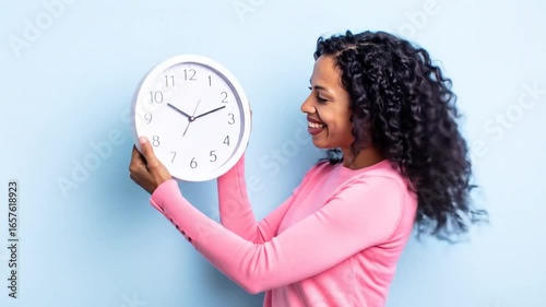 Smiling woman holds a white clock
