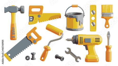 Construction Tools Including Hammer Saw Paint Bucket Drill and Screwdriver building tools handsaw